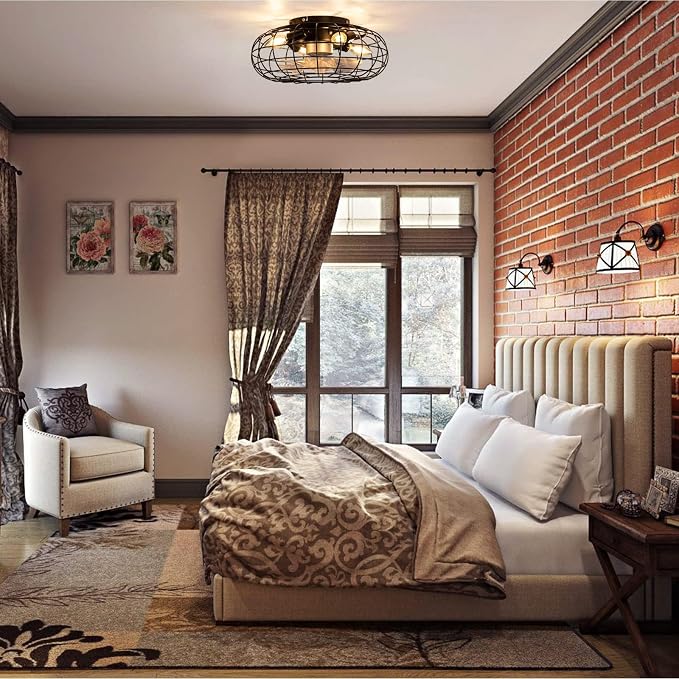 Ceiling Fan with Lights, 18 Inch Caged Ceiling Fan Lights Remote Control Small Industrial Ceiling Fan Light Fixture Flush Mount Farmhouse Light 8 Speeds Bladeless Lights for Bedroom Kitchen