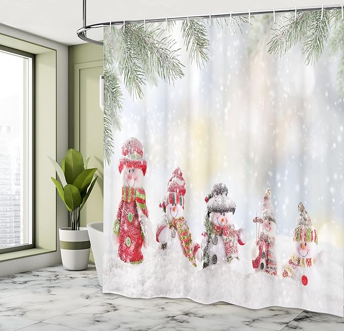 Ambesonne Christmas Shower Curtain, Depiction with Snowman and Falling Snow Ice Frozen Blizzard Themed Art Print, Cloth Fabric Bathroom Decor Set with Hooks, 69" W x 70" L, Red and White