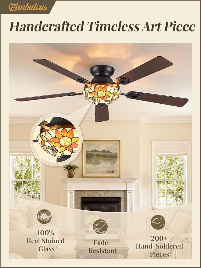 Fanbulous 52" Tiffany Sunflower Ceiling Fan, Dimmable Stepless Color LED
