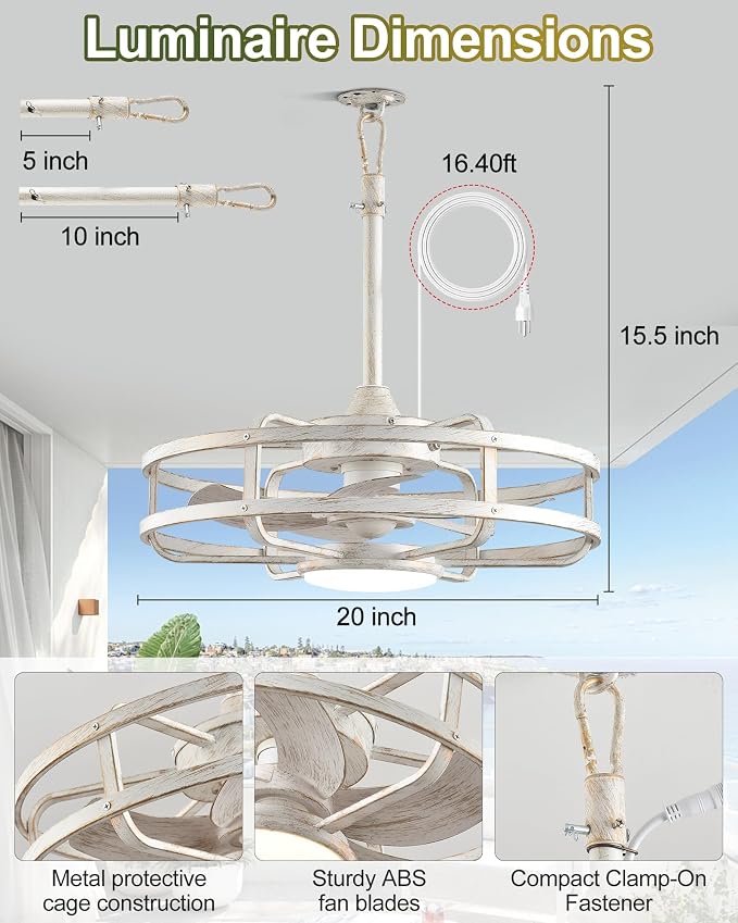 20" Outdoor Ceiling Fan with Light – Waterproof Plug-In Smart Fan for Porch, Pergola & Gazebo, 4CCT Color Adjustable, Alexa & Google Compatible, Caged Design, Antique White Gold Finish