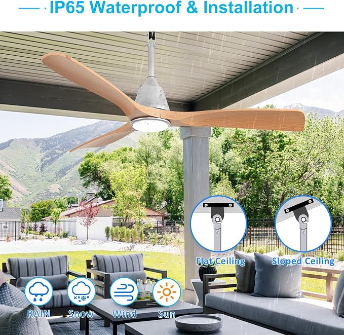 Depuley Outdoor Ceiling Fan with Lights: 52" Silver Gazebo Fans Outdoor Hanging with Remote APP Control - Plug in Waterproof Fans with Light for Patio Porch Reversible Wood Blades 3CCT 6 Speeds Timer