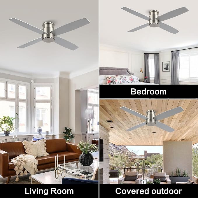 WINGBO 44" Flush Mount DC Ceiling Fan without Lights, 4 Reversible Plywood Blades, Quiet 6-Speed DC Motor, Hugger Low Profile Ceiling Fan No Lights for Bedroom, Brushed Nickel Finish