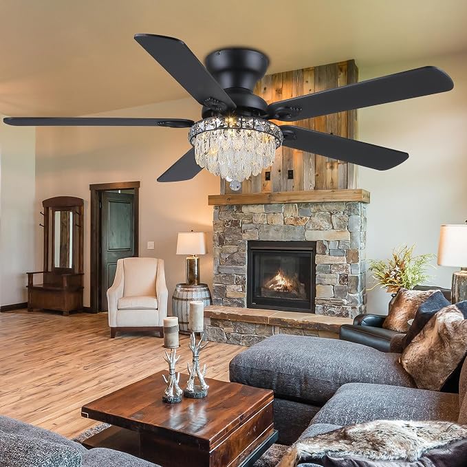 GJeg Crystal Ceiling Fan Fandelier with Lights-Ceiling Fans with Remote Control,Modern Ceiling Fan with Noiseless DC Reversible Motor,Dining Room,Living Room(52" Black)