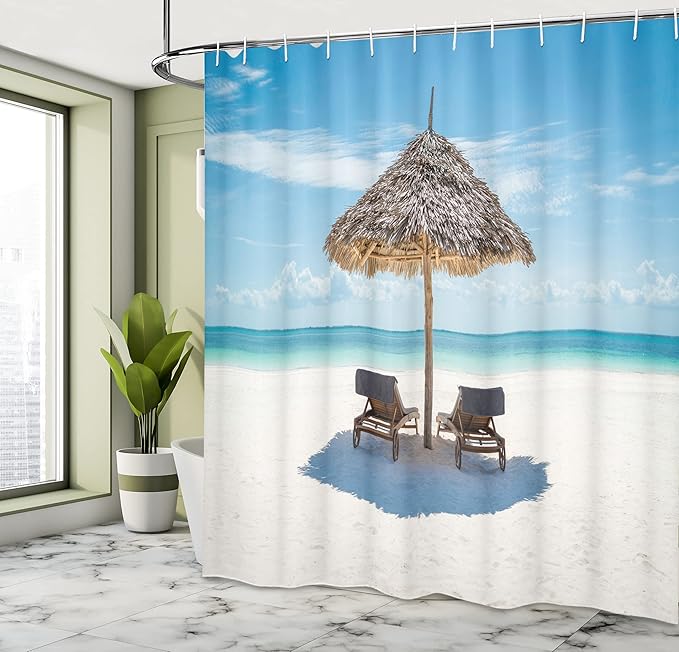 Ambesonne Seaside Shower Curtain, Wooden Sun Loungers Facing Eastern Ocean Under a Thatched Umbrella in Zanzibar, Cloth Fabric Bathroom Decor Set with Hooks, 69" W x 84" L, Turquoise Cream