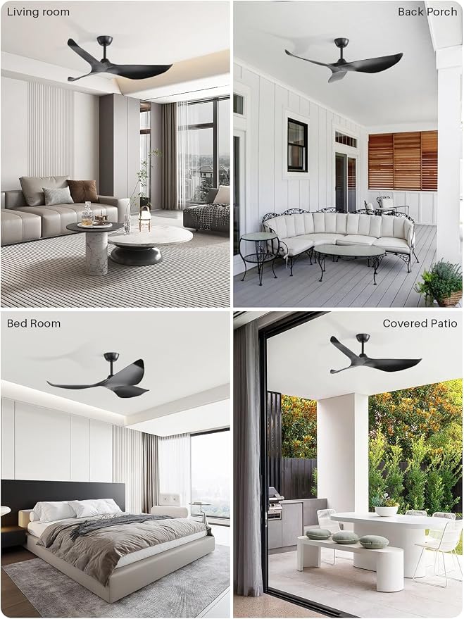 Sofucor 38 Inch Smart Ceiling Fan No Light, Modern Black Ceiling Fan with Remote Control, Quiet Reversible DC Motor, 6-Speed Noiseless Indoor Ceiling Fan for Bedroom Living Room Covered Patio Porch