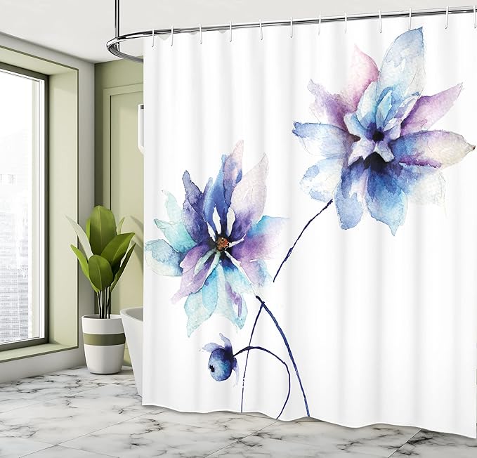 Ambesonne Watercolor Flower Shower Curtain, A Drawing with Soft Spring Colors Retro Style Floral Theme Picture Artwork, Cloth Fabric Decor for Home Bathroom Set with Hooks, 69" W x 75" L, White Purple