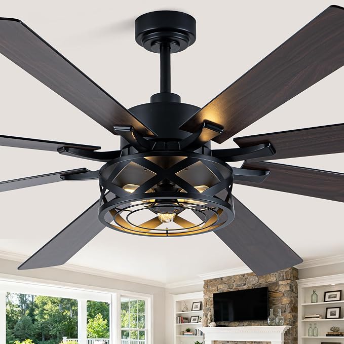 Dawn Whisper Black Ceiling Fans with Lights 72 Inch Farmhouse Ceiling Fan with Remote Quiet Reversible DC Motor 6 Speeds 8 Blades Large Industrial Chandelier Fan for Living Room Bedroom