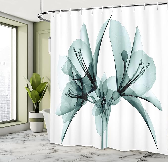 Ambesonne Flower Shower Curtain, Illustration of a Blooming Flower X-ray Vision of Nature Solarized Pattern, Cloth Fabric Bathroom Decor Set with Hooks, 69" W x 84" L, Ivory Teal