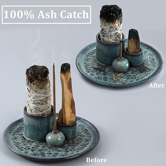 5 in 1 Incense Holder Burner, 5.9" Ceramic Holder for Burning Palo Santo Sage Candle and Incense Sticks Cones, Ash Catcher Tray for Meditation Room Home Décor (Bluegrey)