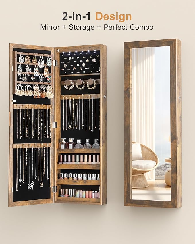 Nicetree 6 LEDs Mirror Jewelry Cabinet, Wall/Door Mounted,Rustic Brown | Lockable Mirror with Jewelry Storage, Over the Door Jewelry Organizer, Gift Idea, Easy Assembly, Auto-on Light