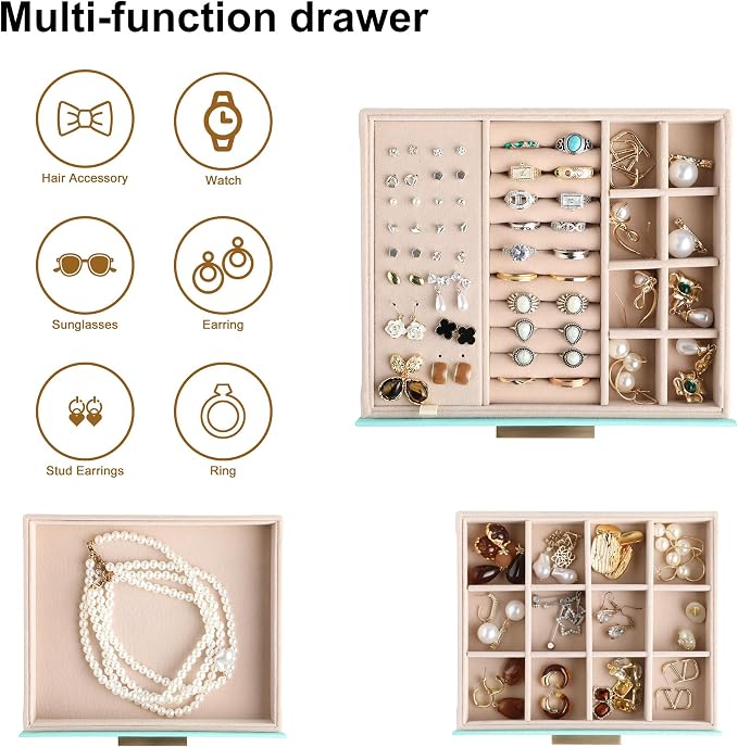 Frebeauty Jewelry Box for Women,Clear Lid Jewelry Organizer with 3 Drawers | Faux Leather,Velvet Lining,3 Layers,Jewelry Storage for Ring Earring Stud,Dustproof Design,Gift Choice,Golden Stylish Handle