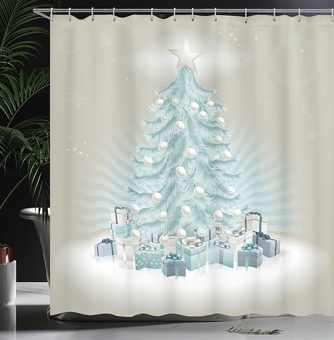 Ambesonne Christmas Shower Curtain, Merry Xmas Themed Fir Tree with Ornate Tree Topper and Baubles, Cloth Fabric Bathroom Decor Set with Hooks, 69" W x 75" L, Mint Green Slate Blue
