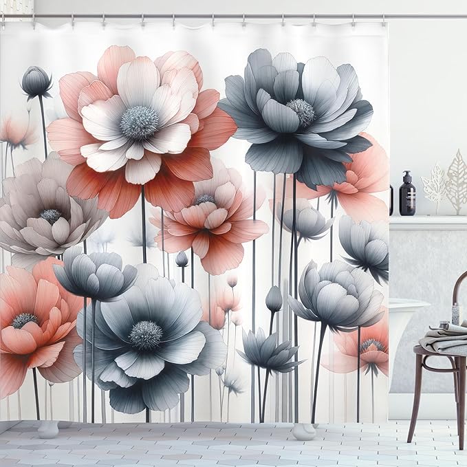 Ambesonne Floral Shower Curtain, Cold Pastel Tones Bloomed Flowers Paint a Winter Call Theme Illustration, Cloth Fabric Bathroom Decor Set with Hooks, 69" W x 70" L, Blue Grey Pale Salmon