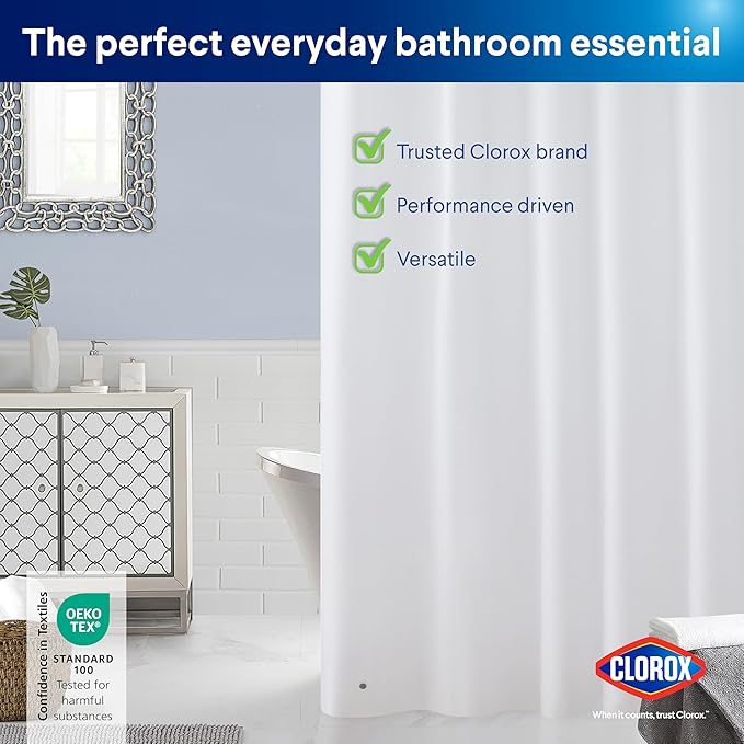 Clorox Shower Curtain Liner, Premium Lightweight Flexible Waterproof 8g PEVA for Bathroom with Weighted Magnets, Standard Size 72" x 72", White 1 Pack