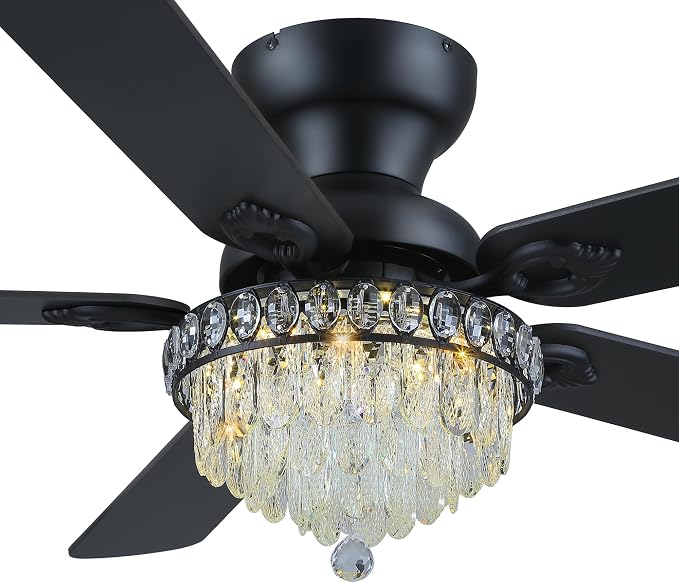 GJeg Crystal Ceiling Fan Fandelier with Lights-Ceiling Fans with Remote Control,Modern Ceiling Fan with Noiseless DC Reversible Motor,Dining Room,Living Room(52" Black)