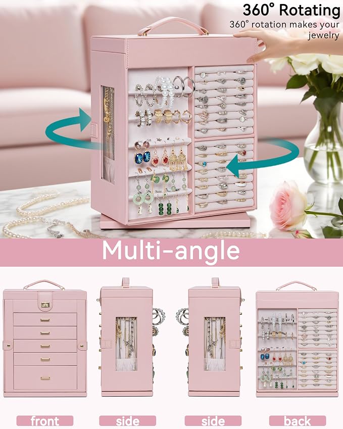 AKOZLIN 6-Tier Jewelry Box Organizer Functional 5 Drawers Leather Jewelry Storage Case for Women Girls Ring Necklace Earring Bracelet Holder Organizer with Mirror XL Pink 360° Rotating