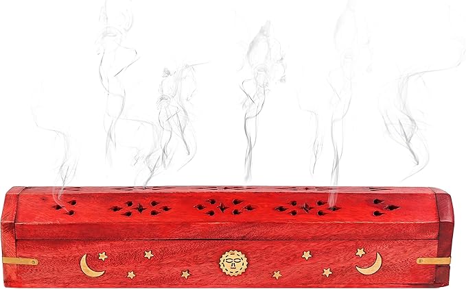 Incense Garden Pack of 2 Incense Stick Holder - Coffin Style - Wood Incense Stick Burner with Sun Moon Star Handmade with Brass Inlays (Red)