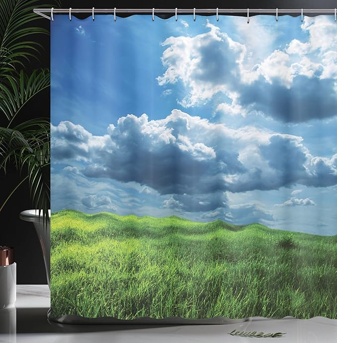 Ambesonne Clouds Shower Curtain, Freshening Grasslands and Large Rain Clouds Epic Field Idyllic Sky Scenery, Cloth Fabric Bathroom Decor Set with Hooks, 69" W x 70" L, Blue Green