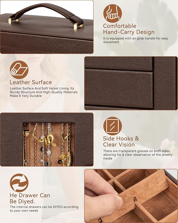 AKOZLIN 6-Tier Jewelry Box Organizer Functional 5 Drawers Leather Jewelry Storage Case for Women Girls Ring Necklace Earring Bracelet Holder Organizer with Mirror Brown 360° Rotating
