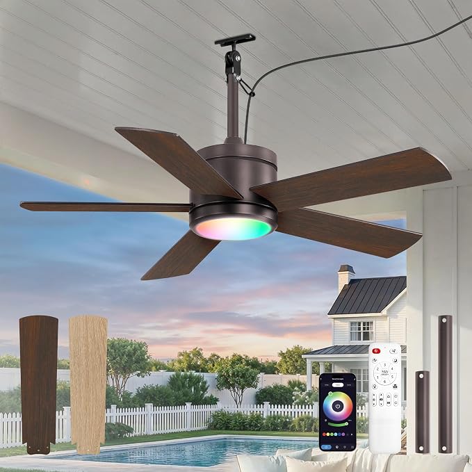 Fanbulous 42" Outdoor Ceiling Fans with Lights, APP Remote Control, IP65 Waterproof, RGB Dimmable Light, Plug-and Play,10FT Cord, 6-Speeds, 3CCT, Hook Hanging Fan for Gazebo Patio Canopy(Oil-Bronze)