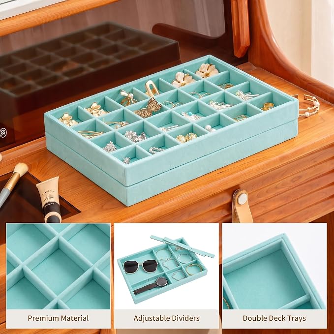 Frebeauty Jewelry Trays for Drawer,Set of 2 Jewelry Organizer and Storage | Velvet Material,Stackable,Adjustable Dividers,Drawer Inserts for Rings Studs Bracelet,Earring Organizer for Women Girls