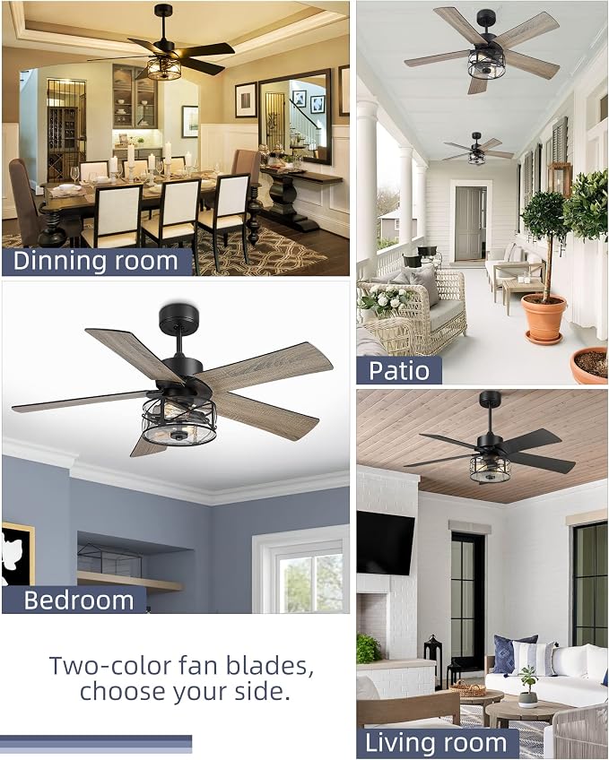 YOUKAIN 48 Inch Farmhouse Ceiling Fan with Light and Remote,Industrial Black Ceiling Fan with Glass Shade,5 Reversible Matte Black & Wood Blades,Quiet Indoor Ceiling Fan for Bedroom, 52-YJ632