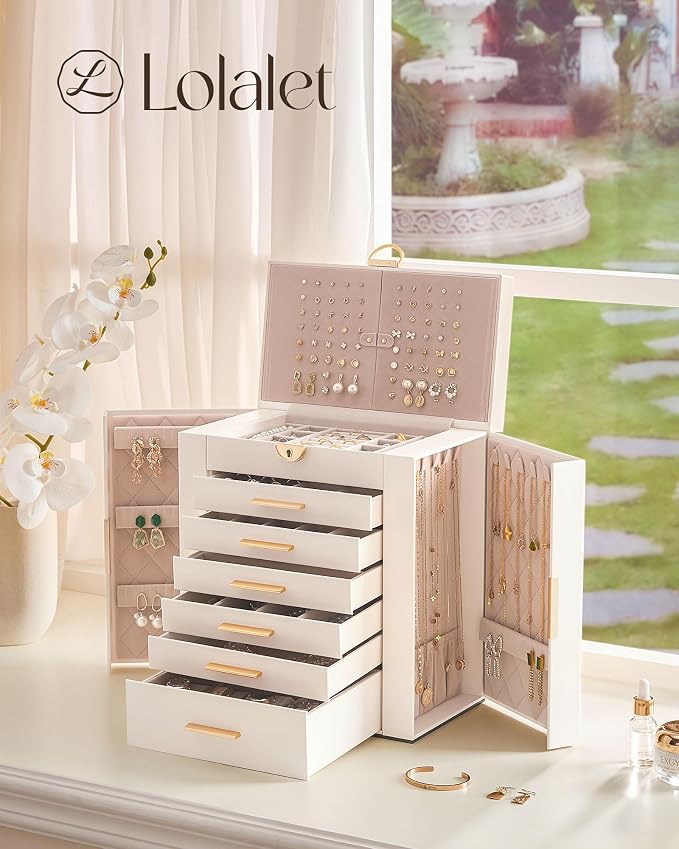 Lolalet Large Jewelry Box Organizer for Women, 7-Layer Jewelry Organizers and Storage Case with Mirror & 6 Drawers, Lockable Watch Ring Earring Bracelet Necklace Holder Girls Gift -7Layer, Beige
