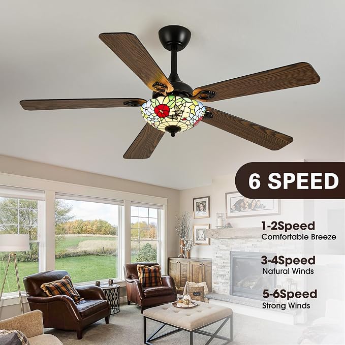 52" Tiffany Style Ceiling Fans with Lights, Vintage Chandelier Ceiling Fan with Stained Glass Shade, Dimmable LED, 6 Speeds Reversible for Bedroom (Butterfly Garden)
