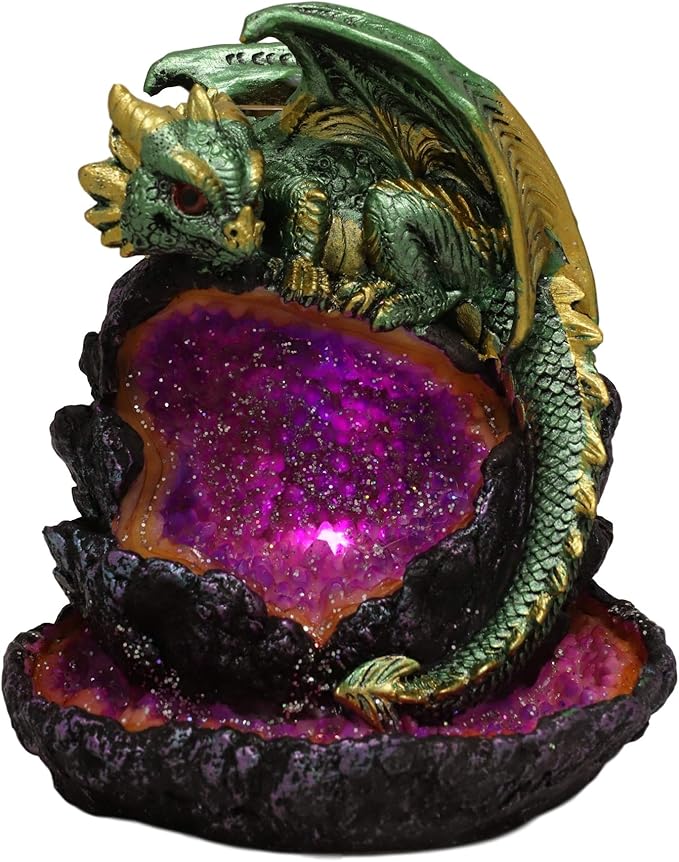 Ebros 5.5" Tall Andromeda Galaxy Wyrmling Dragon On Crystal Geode Rock Backflow Incense Cone Burner Statue with LED Night Light Dungeons Dragons Fantasy Decor Accent