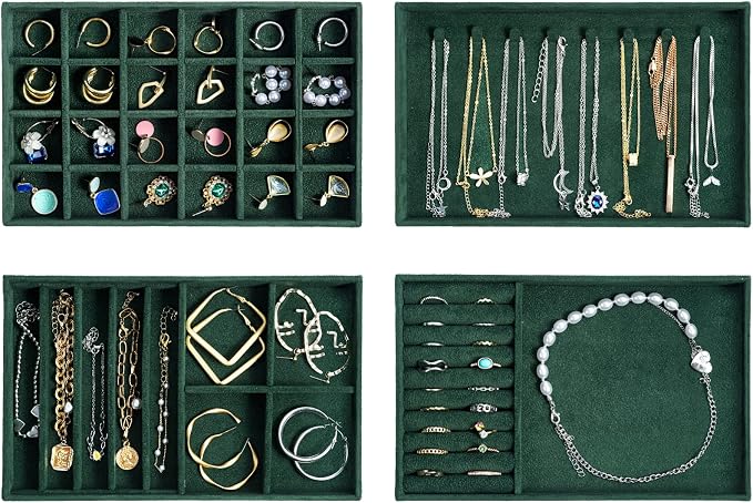 ProCase Stackable Jewelry Organizer Trays for Drawers, Jewelry Drawer Inserts Container Display Case Storage for Earring Necklace Rings Bracelet with Removable Dividers -Green, 4 Layers