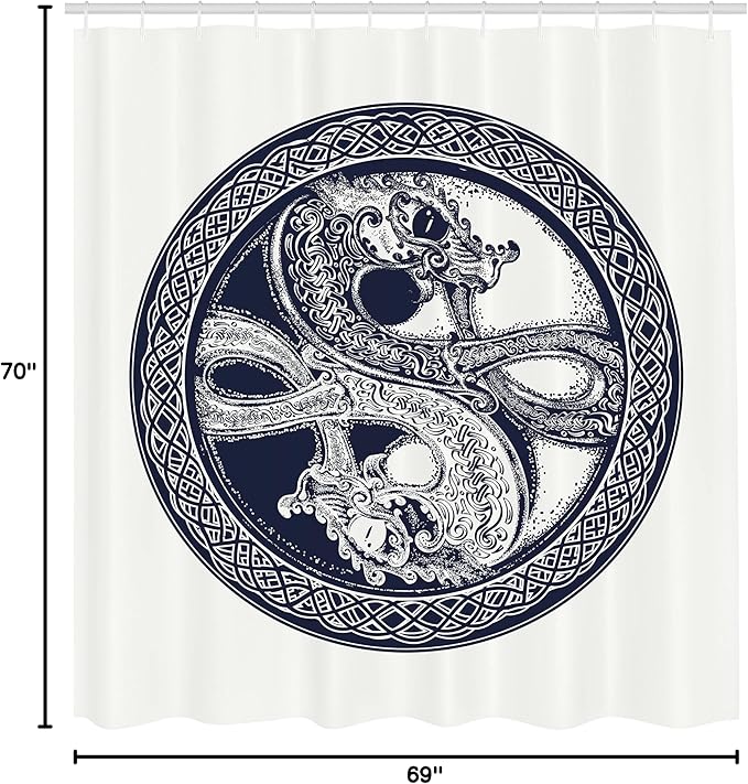 Ambesonne Celtic Dragon Shower Curtain, Mystic Yin Yang Creatures in Round Frame, Cloth Fabric Bathroom Decor Set with Hooks, 69" W x 70" L, Violet Blue Off White