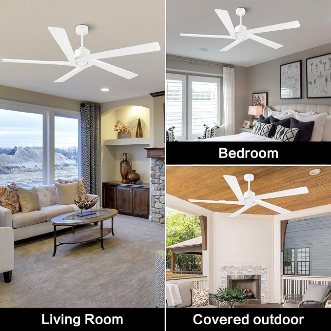 WINGBO 72 Inch DC Ceiling Fan No Light with 3 Downrods, 5 Reversible Carved Solid Wood Blades, 6-Speed Noiseless DC Motor, Ceiling Fan without Lights in White Finish, ETL Listed