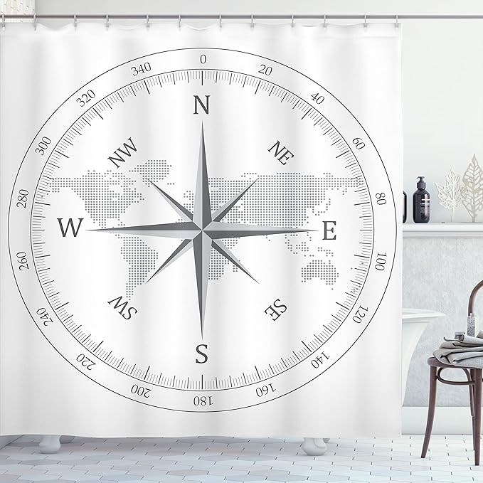 Ambesonne Compass Shower Curtain, Compass Illustration World Map Maritime Seaman Life Equipment Monochromic Artwork, Cloth Fabric Bathroom Decor Set with Hooks, 69" W x 70" L, White Gray