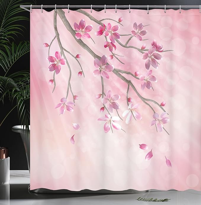 Ambesonne Nature Shower Curtain, Illustration of Spring Tree Branch with Blossoms Sun Beams on Blurred Background, Cloth Fabric Bathroom Decor Set with Hooks, 69" W x 70" L, Pink Fuchsia