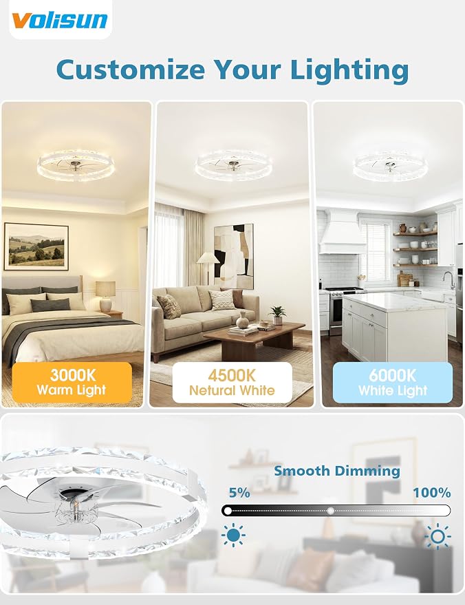 VOLISUN Low Profile Ceiling Fans with Lights and Remote, 20in Fandelier Ceiling Fans with Lights Flush Mount, Dimmable Bladeless LED Ceiling Fan Light, White Modern Ceiling Fan Light for Bedroom