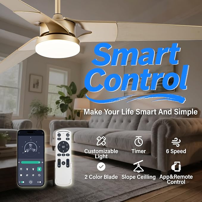 Ceiling Fan with Lights and Remote, 3 Blade App Control Timer Reversible Stepless Brightness and Color Temperature Outdoor Wood Ceiling Fan with Lights (Gold, 60 I)
