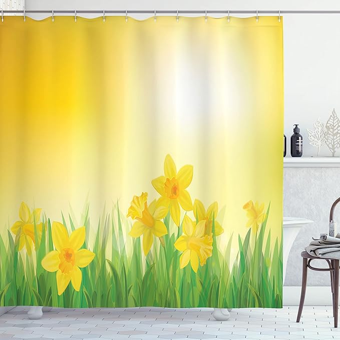 Ambesonne Daffodils Shower Curtain, Daffodil Flowers on a Spring Meadow Countryside Sunny Nature Illustration, Cloth Fabric Bathroom Decor Set with Hooks, 69" W x 70" L, Yellow and Green