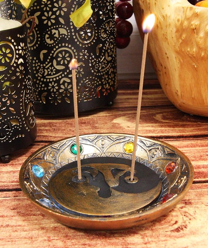 Ebros Gift Yoga Meditation Yin Yang Symbol with Chakra Zone Color Beads Incense Sticks Holder Burner Round Dish Medallion Figurine 5" Diameter Zen Feng Shui Vastu Home Fragrance Tabletop Altar Decor
