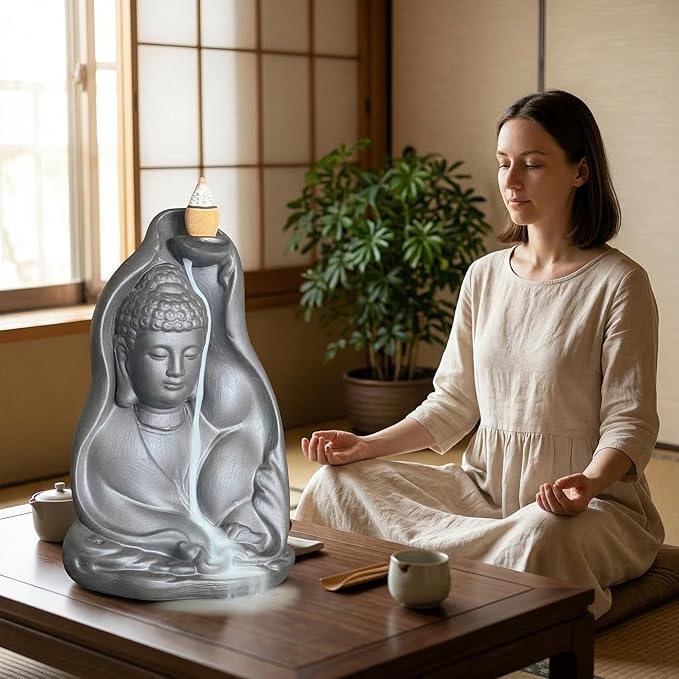 Ceramic Incense Burner, Waterfall Reflux Design, Aromatherapy Holder for Cones and Sticks, Dark Brown。 (XRL)