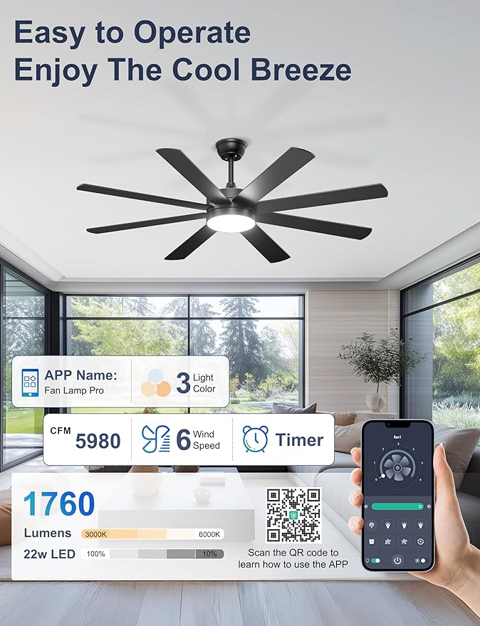 60'' Ceiling Fans with Lights - Modern Black Ceiling Fan Remote/APP Control, Dimmable, Quiet DC Motor Ceiling Fan for Indoor/Covered Outdoor
