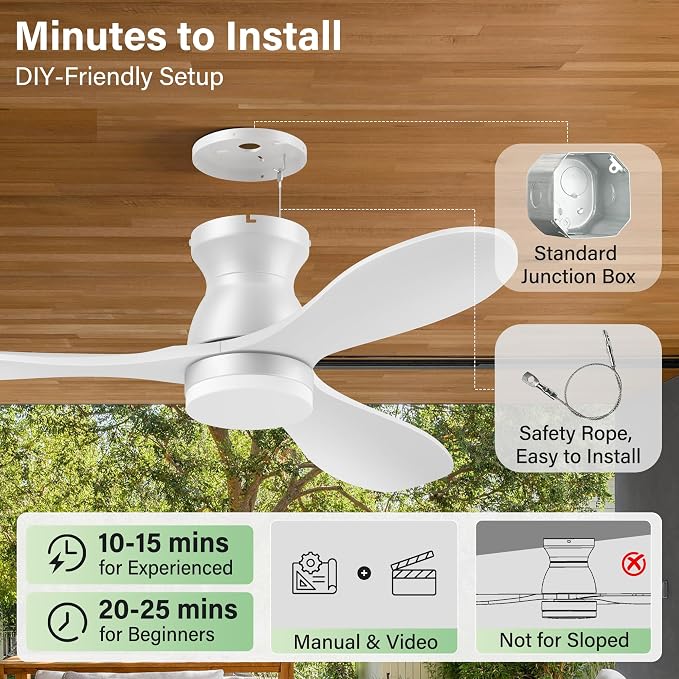 42" Wood Ceiling Fans with Lights Remote,Smart Control via Voice Alexa App,Quiet DC Motor,Flush Mount Hugger Modern Ceiling Fan for Low Profile Bedroom,Patio,Porch,Outdoor Indoor,Dim LED,3 Blade,White