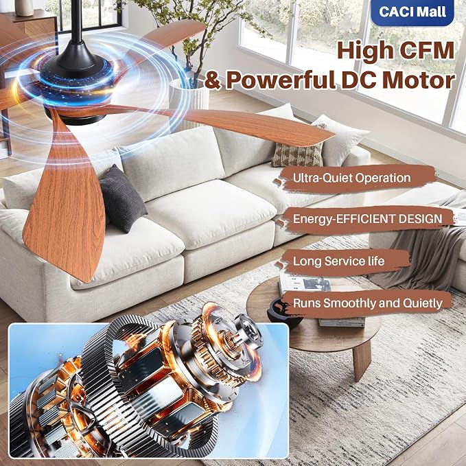 CACI Mall 52 inch Smart Ceiling Fan with Lights, Remote Control, Compatible with Alexa/Google/App, 5 Blades, Dimmable Lighting, Quiet, Indoor/Outdoor Ceiling Fans for Living Room, Bedroom, Patios