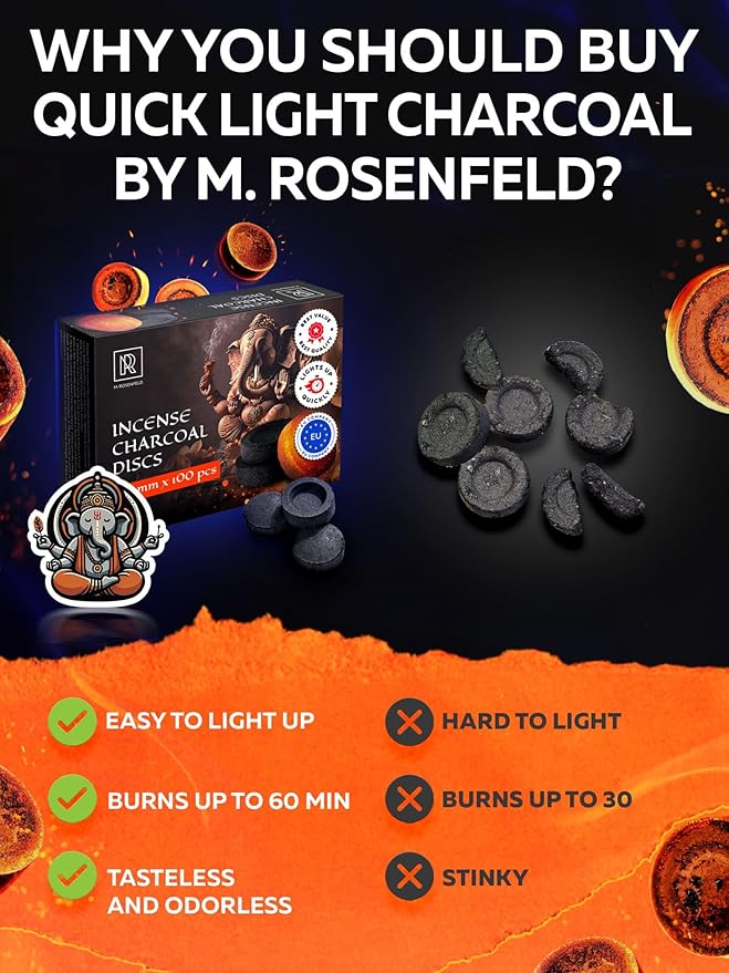 Charcoal Discs to Burn Incense - 100 pcs Charcoal for Incense Burning - 33 mm Most Quick Light Coals Tablets by M. ROSENFELD - 33 mm Resin Burner Rolls – Pack of 100 Instant Fire Coal Tablets