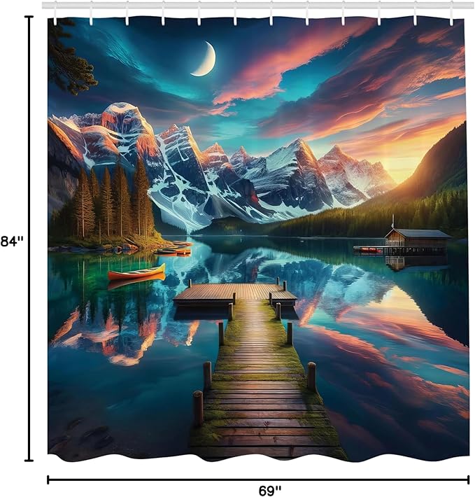 Ambesonne Lake Shower Curtain, Weathered Mossy Wooden Pier Dramatic Cloudy Sky Crescent Moon Night Scenery, Cloth Fabric Bathroom Decor Set with Hooks, 69" W x 84" L, Coral Dark Turquoise