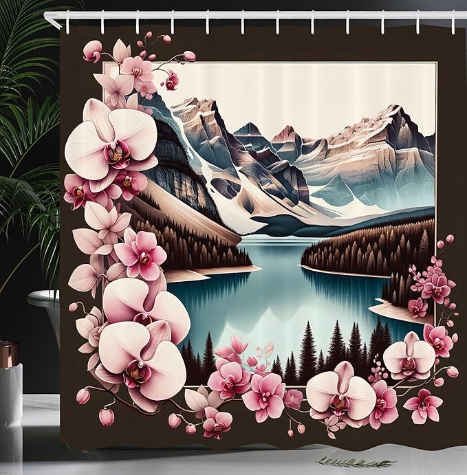 Ambesonne Lake Shower Curtain, Orchid Branches Around Mountain Landscape Spring Joy Outdoorsy View, Cloth Fabric Bathroom Decor Set with Hooks, 69" W x 75" L, Pink Brown and Cadet Blue
