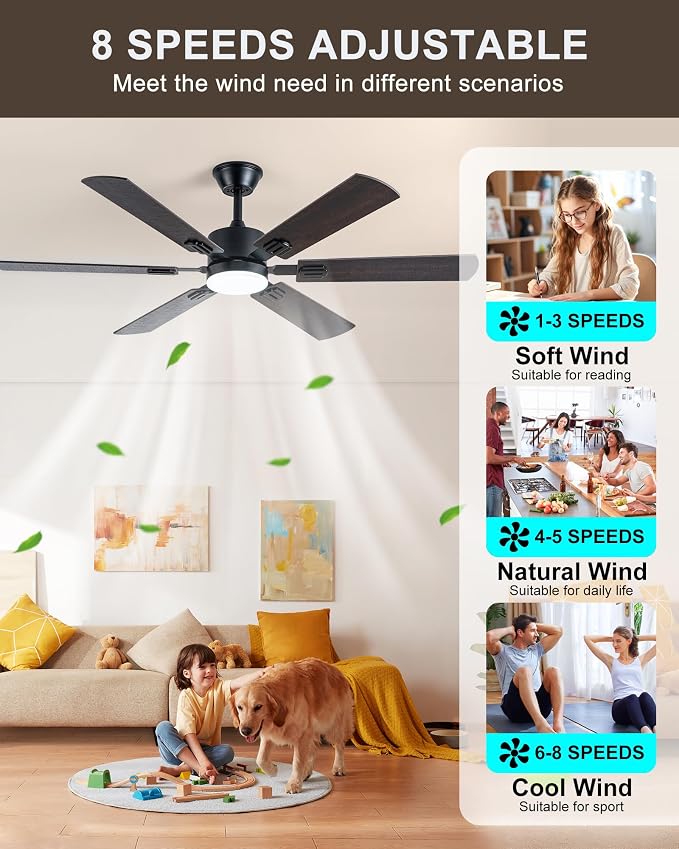 Coolwind 56 Inch Brown Ceiling Fan, Display Remote&APP Control, 6 Blade Modern Silent Ceiling Fan with 8 Speeds, Dimmable, Timer, DC Reversible Motor, Double Sided Blade for Bedroom, Living Room