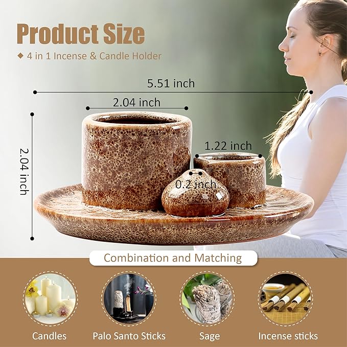 4 in 1 Ceramic Incense Burner, Sage Holder for Burning Bowl, Palo Santo Sticks Holder, Smudge Stick Ash Catcher Tray for Meditation Yoga Room (White)