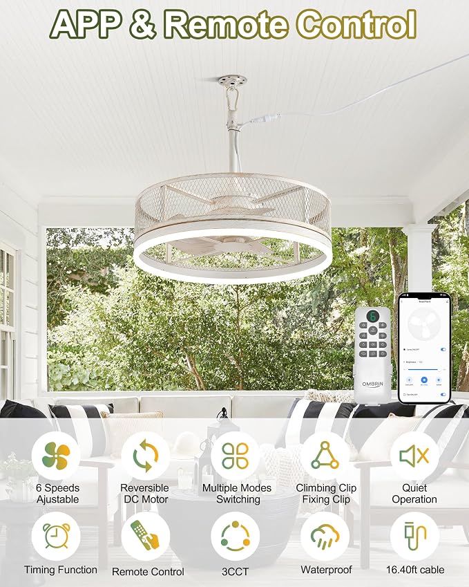 20'' Outdoor Ceiling Fan with Light, IP65 Waterproof Gazebo Hanging Fan, Remote Control, 3CCT, 6-Speed, Plug-in Caged Ceiling Fan for Patio Porch Pergola, Works with Alexa & Google Assistant