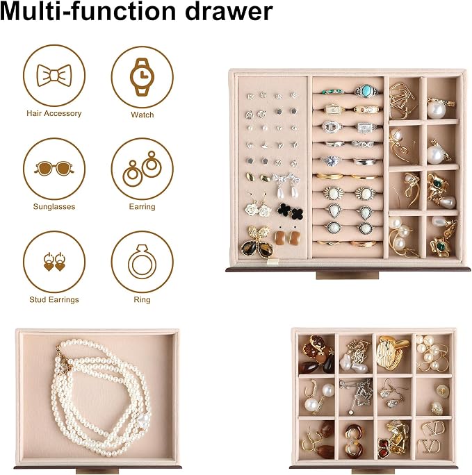 Frebeauty Jewelry Box for Women,Clear Lid Jewelry Organizer with 3 Drawers | Faux Leather,Velvet Lining,3 Layers,Jewelry Storage for Ring Earring Stud,Dustproof Design,Gift Choice,Golden Stylish Handle