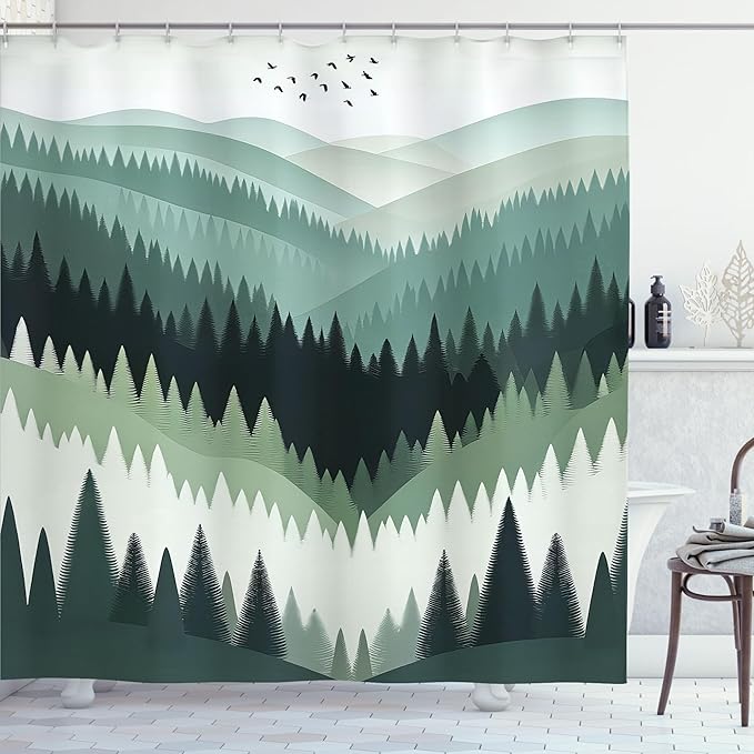 Ambesonne Green Shower Curtain, Bohemian Nature Themed Woodland Valley with Jade Tones Modern Scandinavian, Cloth Fabric Bathroom Decor Set with Hooks, 69" W x 70" L, Grey Teal Cadet Blue
